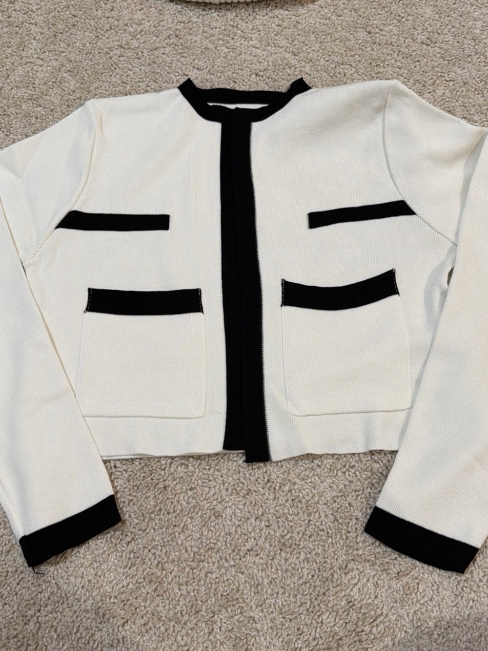 SHEIN Cream Cropped Jacket with Black Trim